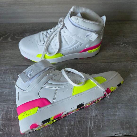 Fila V-11 Mashup Sneakers Womens High-Top Size 9 White Neon Pink Yellow Fashion - Picture 1 of 16